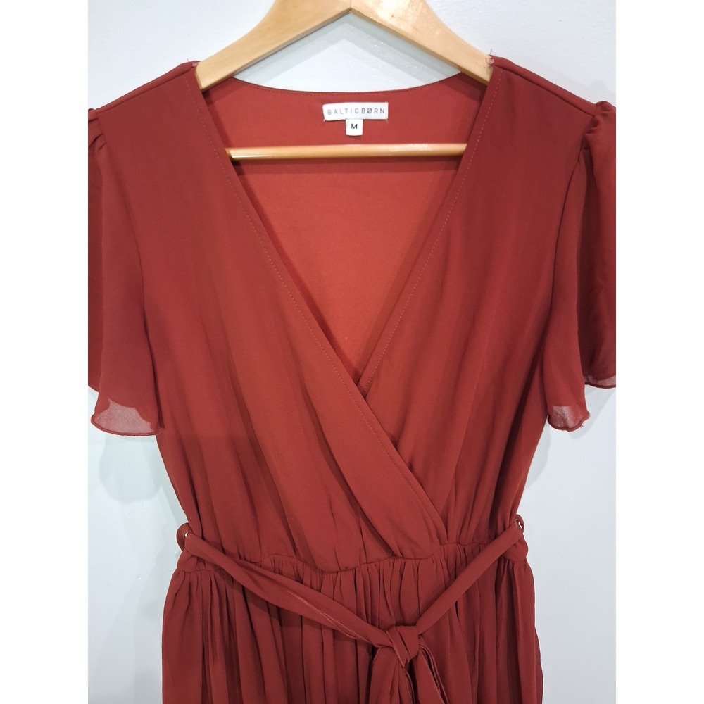 Baltic Born Rust Red Chiffon Flutter Sleeve Wrap Midi Dress Womens Medium - Picture 3 of 7